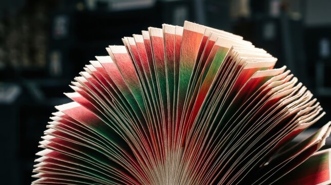 Stacked paper sheets fan out displaying vibrant red and green gradients