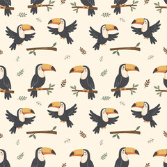 Obraz premium Toucan Bird Seamless Pattern, Kawaii Cute Tropical Jungle Animal Cartoon Background with Tree Branch Leaf Illustration, Minimalist Muted Earth Tones Nursery Kids Repeatable Surface Wallpaper