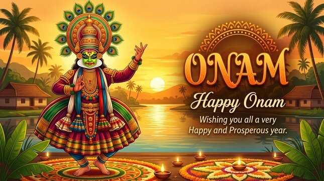 illustration of colorful Kathakali dancer on background for Happy Onam festival of South India Kerala