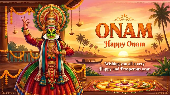 illustration of colorful Kathakali dancer on background for Happy Onam festival of South India Kerala