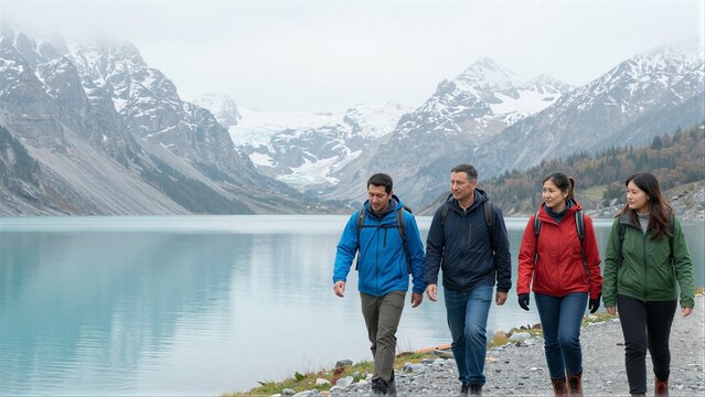 Four hikers walk along a lake shore, surrounded by snow-capped mountains and misty skies.