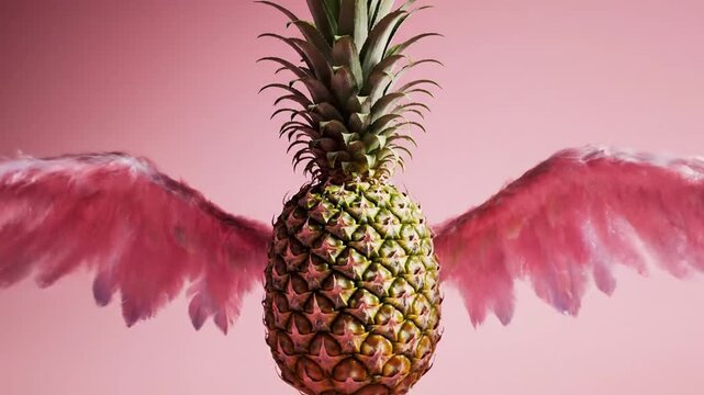 Creative pineapple with pink fluffy wings floating on a vibrant pink background