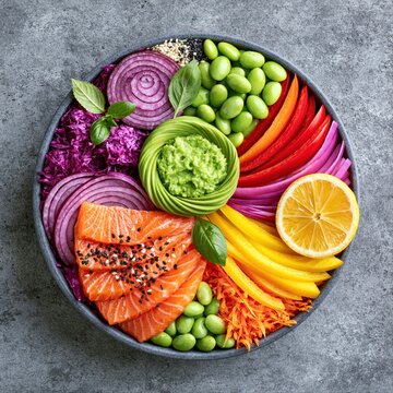 Colorful fruit and vegetable platter arranged on a gray background with fresh ingredients and garnishes