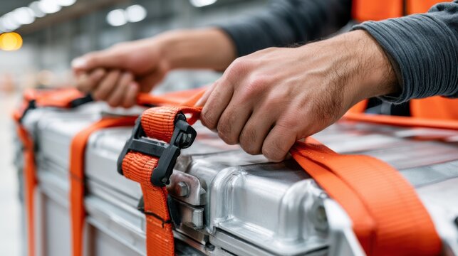Hands securing orange straps on a metallic pharmaceutical transport case in a warehouse setting with blurred background and industrial lighting