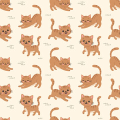 Obraz premium Cute Cat Seamless Pattern, Kawaii Orange Tabby Kitten Cartoon Background with Playful Stretching Illustration, Minimalist Muted Pastel Earth Tones Nursery Kids Repeatable Surface Wallpaper