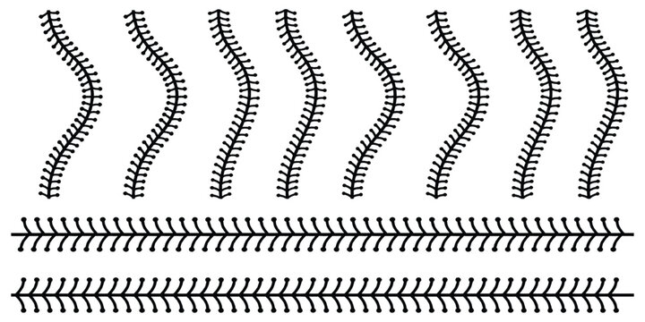 Baseball ball seam vector illustration set with curved sports stitches, straight laces, and authentic competitive thread lines.