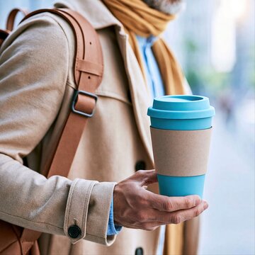 Man holding blue coffee cup while walking in the city on a sunny day with a tan coat and brown bag
