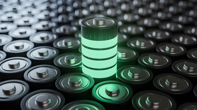 Brightly glowing green battery at full charge amidst countless unlit energy cells