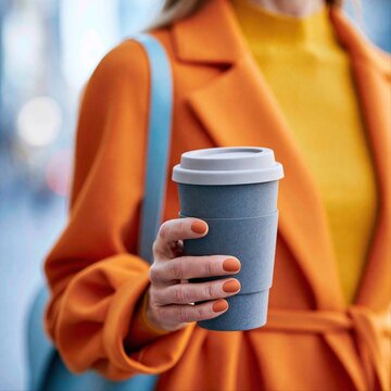 Person holds a coffee cup while standing on a busy street during the day