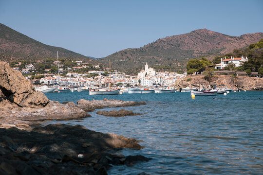 View of spanish coastal town with beautiful white buildings.  Cadaques, Spain 