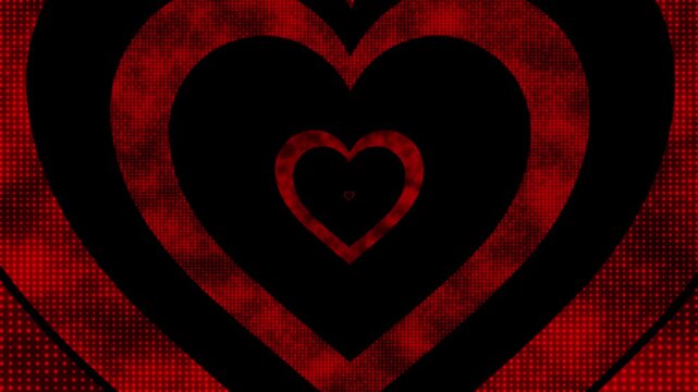 Red heart pattern background bold concentric shapes, texture, and deep black contrast. Valentine