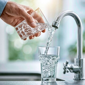 Hand pours water from a faucet into a glass in a kitchen setting during daylight hours