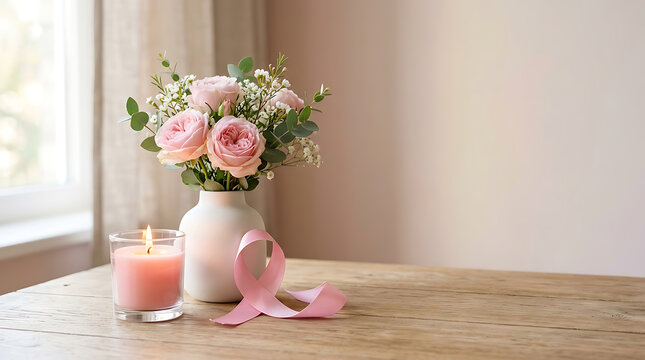 Elegant floral arrangement with pink roses and candles. Romantic home decor scene with soft lighting and fresh flowers.