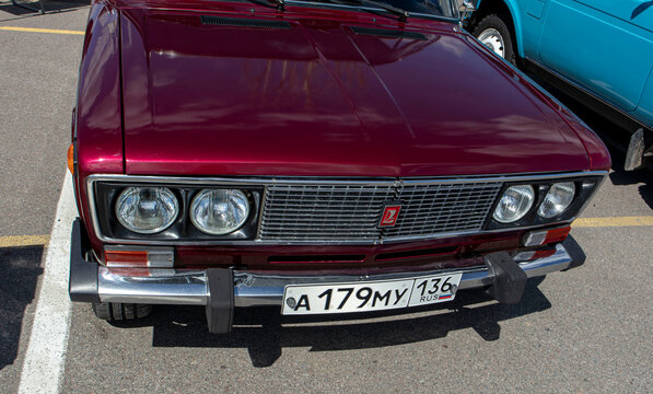 VORONEZH, Russia - April 25, 2026.Burgundy VAZ Zhiguli vintage sedan featured at a Russian retro auto show in summer