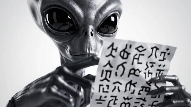 Grey alien examining strange symbols on a piece of paper