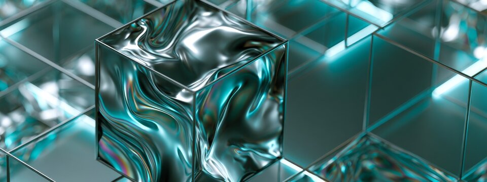 Glowing Geometric Liquid Metal Cube in Wireframe Grid Environment with CYA Color Accents and Reflective Surfaces