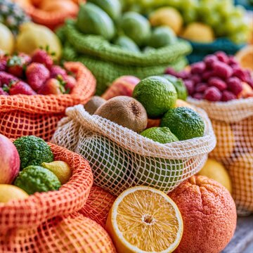Colorful fruits in nets at a market display create an inviting scene for shoppers in a local grocery store