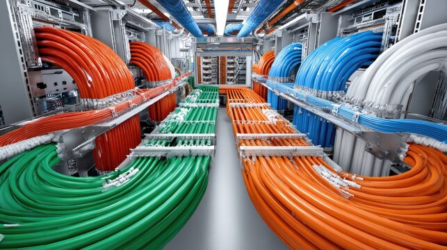Server Room Cables: A high-tech server room filled with neatly organized, colorful cables including red, blue, and green, showcasing advanced technology and data management.