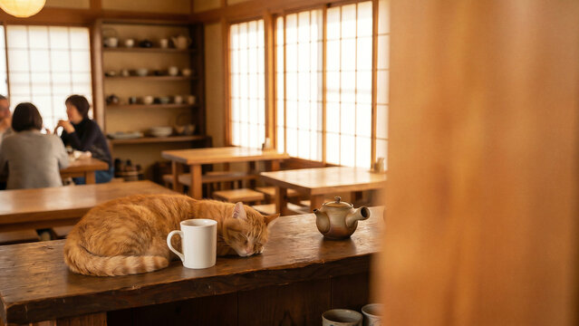 和風カフェの木製カウンターでマグカップと急須の隣に眠る茶トラ猫と寛ぐ客たち
