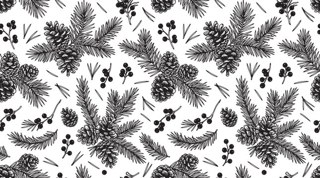 Seamless pattern with hand drawn pine branches cones and berries for winter holiday textile wallpaper or wrapping paper design