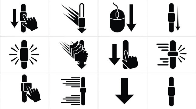 Black Scrolling and Swiping Gesture Icons Set Vector for User Interface Design, Mobile App Development & Website Navigation (EPS)