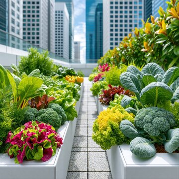 Urban rooftop garden with vegetables and plants in a city setting