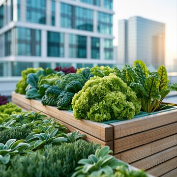 Urban rooftop garden showcases fresh vegetables and greens under city skyline during evening light