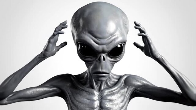 Grey alien holding head in stress on white background
