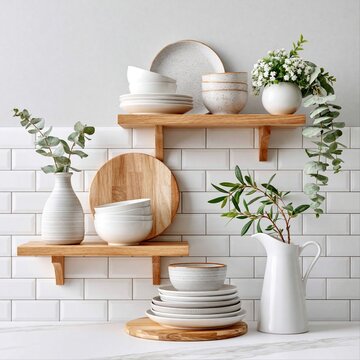Decorative kitchen shelves with dishes, flowers, and plants in a warm setting