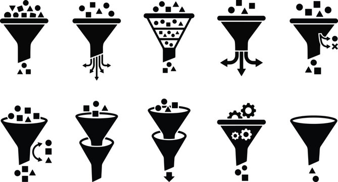 Black Funnel Data Processing Icons and Geometric Shape Sorting Vector Set for Business Infographics, Marketing Analytics & Software UI (EPS)