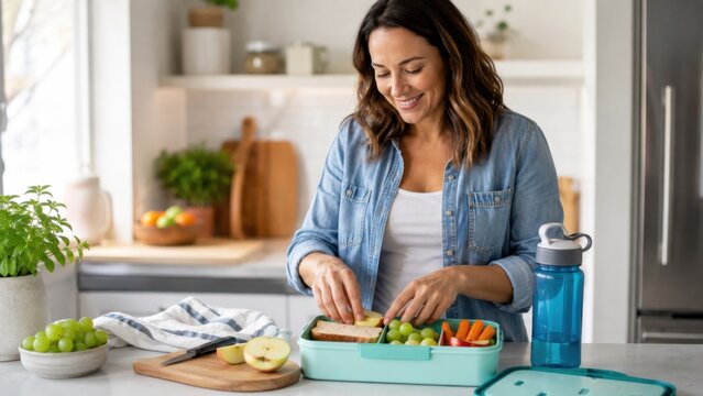 Woman preparing a healthy lunch box with sandwich, grapes, carrots, and apple in a modern kitchen, water bottle and cutting board visible on the counter