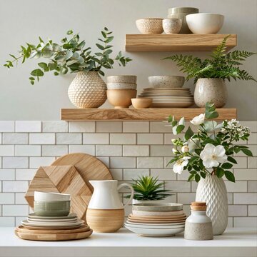 Display of ceramic dishes and plants in a kitchen setting with wooden shelves and a tile wall