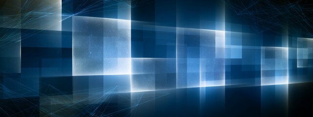 Obraz premium Abstract Geometric Blocks with Frosted Glass Effect and Neural Network Overlays in Blue Tones