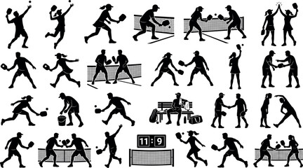 Set of pickleball players silhouettes, active people playing pickleball, sports icons, pickleball court equipment and score board © ISMOTARA