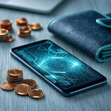 Smartphone displays digital coins next to a wallet and real coins on a wooden surface