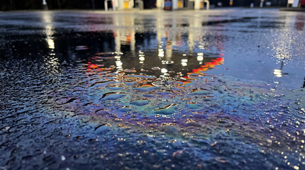Obraz premium Oil slick on wet asphalt creating a rainbow spectrum reflection with bright urban lights at night
