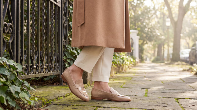 Woman stands on a cobblestone sidewalk, showcasing elegant loafers and tailored trousers, ready for a stroll