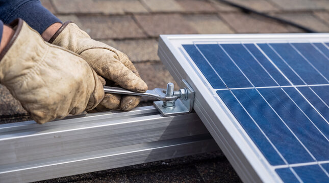 Installer tightening bolt on mounting rail for solar panel, worker installing renewable energy system on rooftop