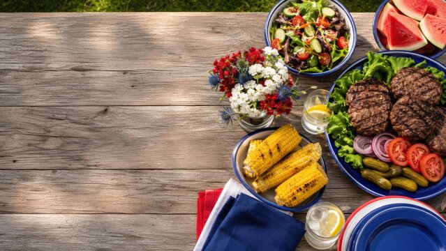 Labor Day picnic spread featuring grilled burgers, corn on the cob, fresh salad, and watermelon on a wooden table with patriotic decorations and colorful plates