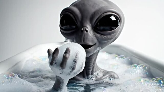Grey alien relaxing in bubble bath in white tub