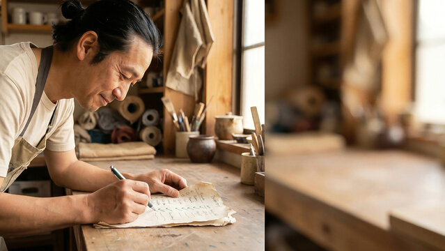 木造の工房で紙のリストにペンで書き込む男性職人の手元と横顔