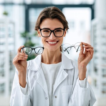 Optometrist holds two pairs of glasses while smiling inside an optical store
