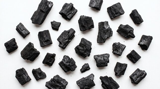 Scattered Black Charcoal Pieces on a White Background.