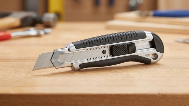 Utility knife on woodworking plans for precision cutting during furniture building and home renovation, DIY project, workshop preparation.