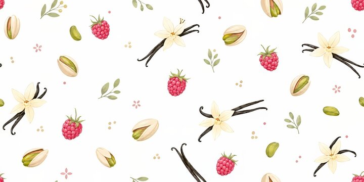 Pistachio and raspberry seamless pattern in botanical style on white, blending fruit, pistachios, vanilla flowers, and leafy sprigs for gourmet dessert packaging, menus, wallpaper, and kitchen decor.