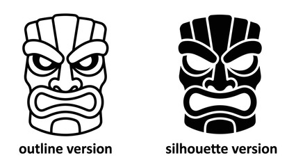 Tiki Mask Icon: A striking depiction of a tiki mask presented in two distinct styles: a clean outline version and a bold silhouette version, representing a cultural symbol. © Khadiza