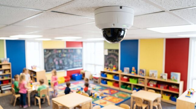 Security camera monitors children in a colorful kindergarten classroom during activities.