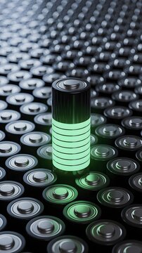 Fully charged glowing green battery standing out among many dark power cells