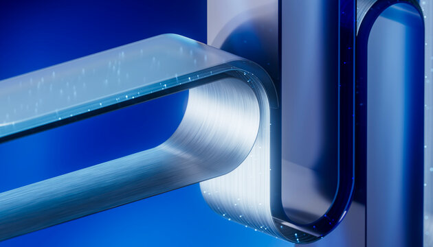 3D fiber portal curve with luminous strands and blue depth