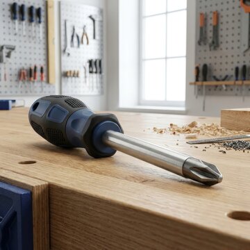 Phillips screwdriver on a workbench for furniture assembly and home repair, DIY maintenance, workshop tools, practical craftsmanship.